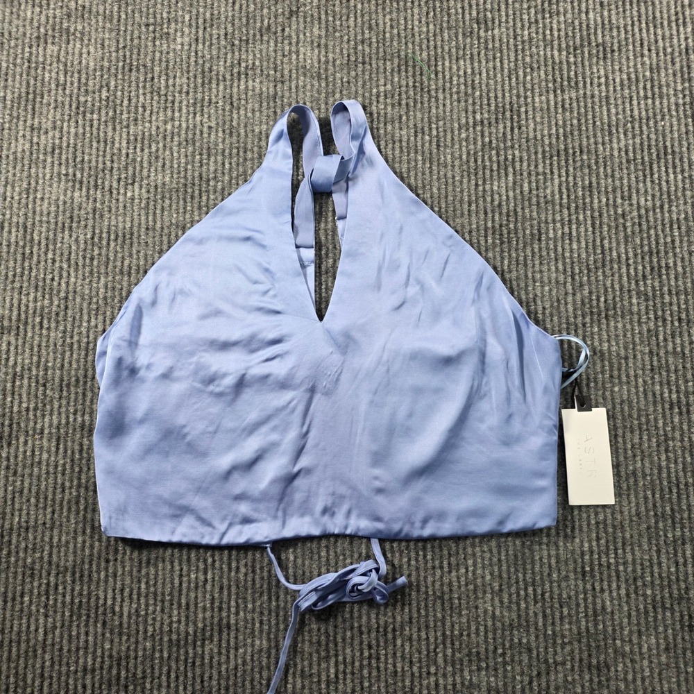 ASTR the Label Blue Satin Halter Crop Top V-Neck Adjustable Straps ACT17181